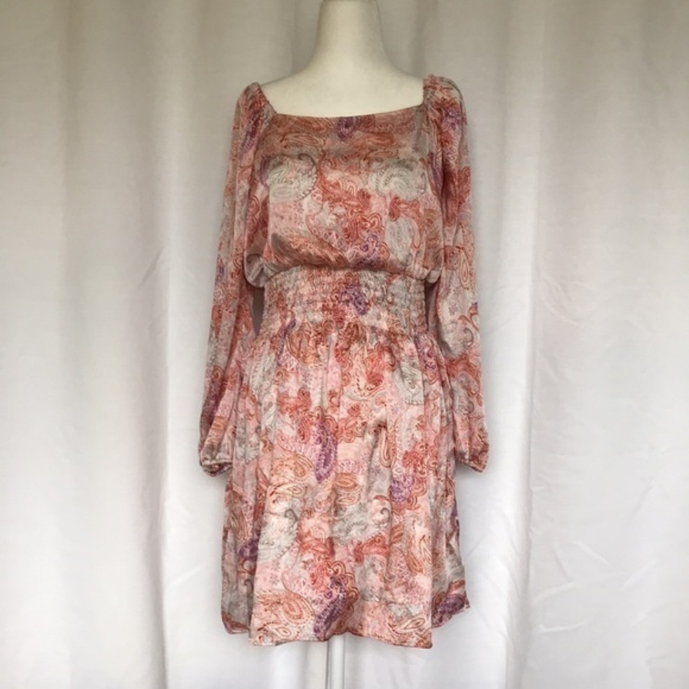 NEW BCBG Generation red square neck paisley print 3/4 sleeve casual dress Sz M
